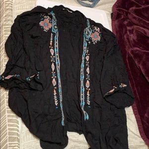 Black Kimono with Blue and Coral Stitching